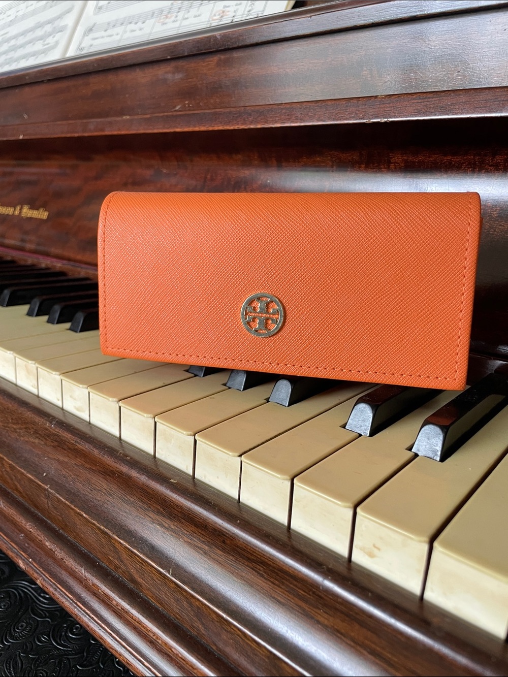 Tory Burch Orange Saffiano Glasses Case with Gold Emblem